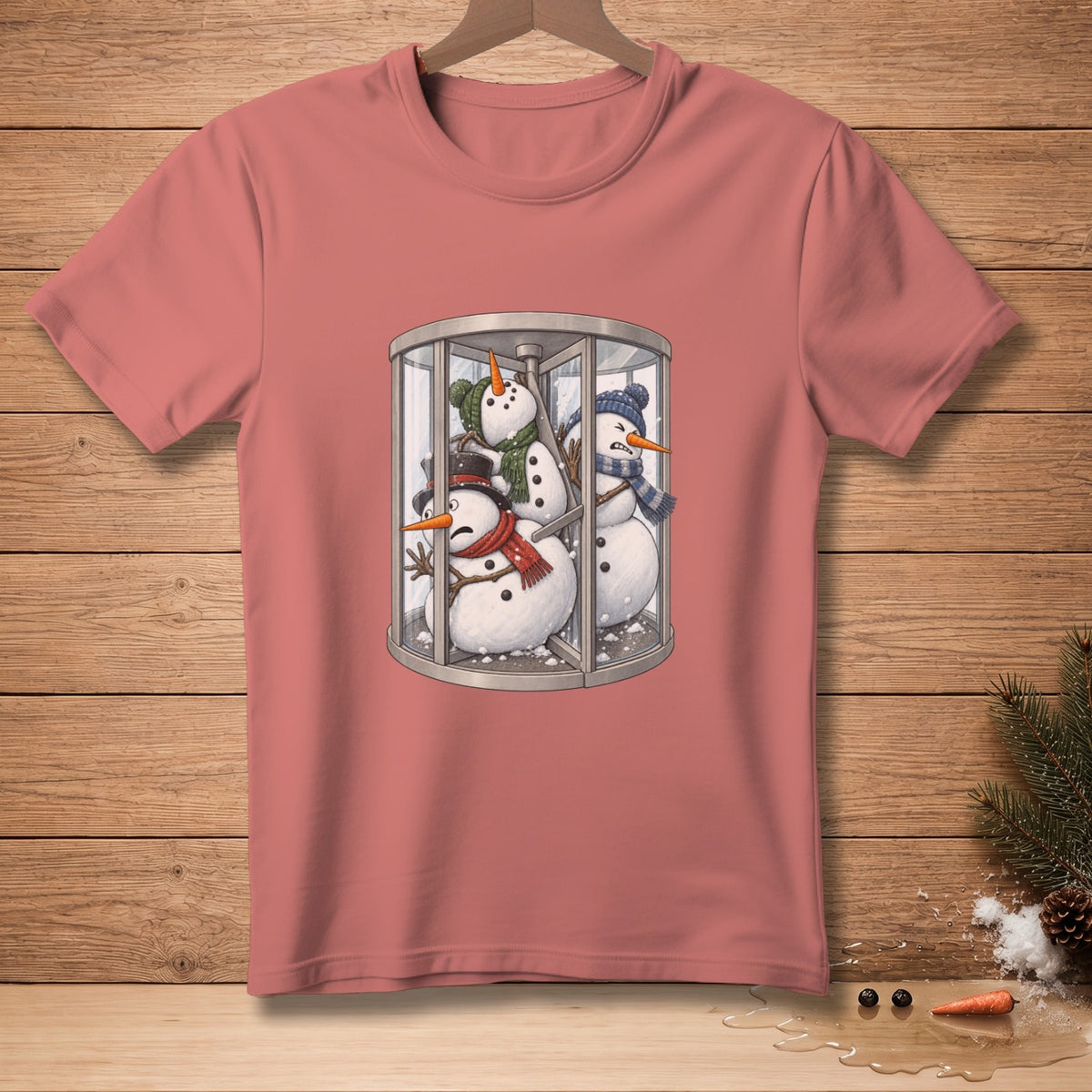 Three snowmen with hats and scarves are crammed inside a revolving door.