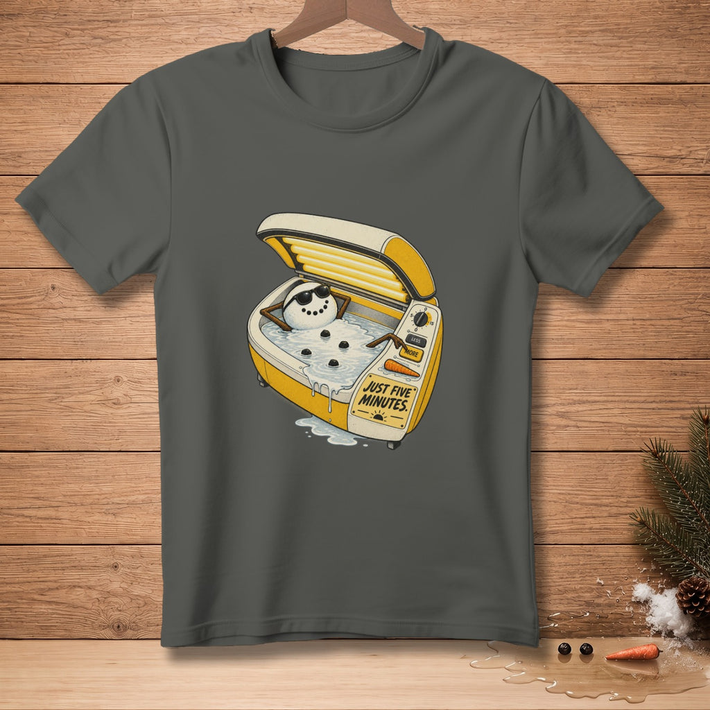 Snowman in tanning bed, with "Just Five Minutes" text.