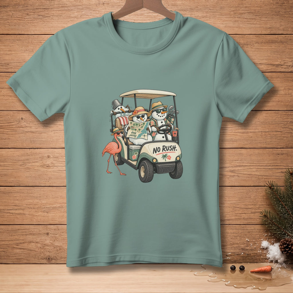 Snowmen in a golf cart with a flamingo and the text "NO RUSH."