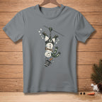 Gray t-shirt with a graphic of a snowman upside down on a zip line, holding a bucket.