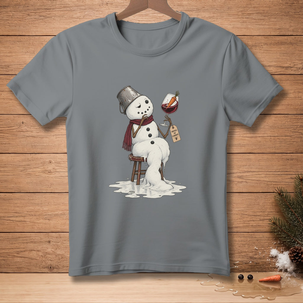 Melting snowman in a bucket hat sips wine with a carrot nose tag.