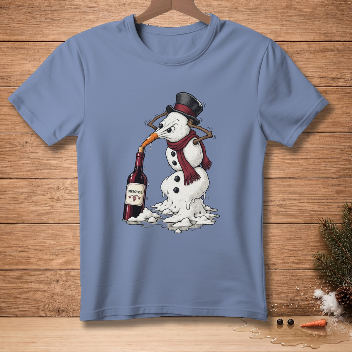 Drawn snowman wearing a hat and scarf, melting while drinking from a wine bottle labeled "Improvise".