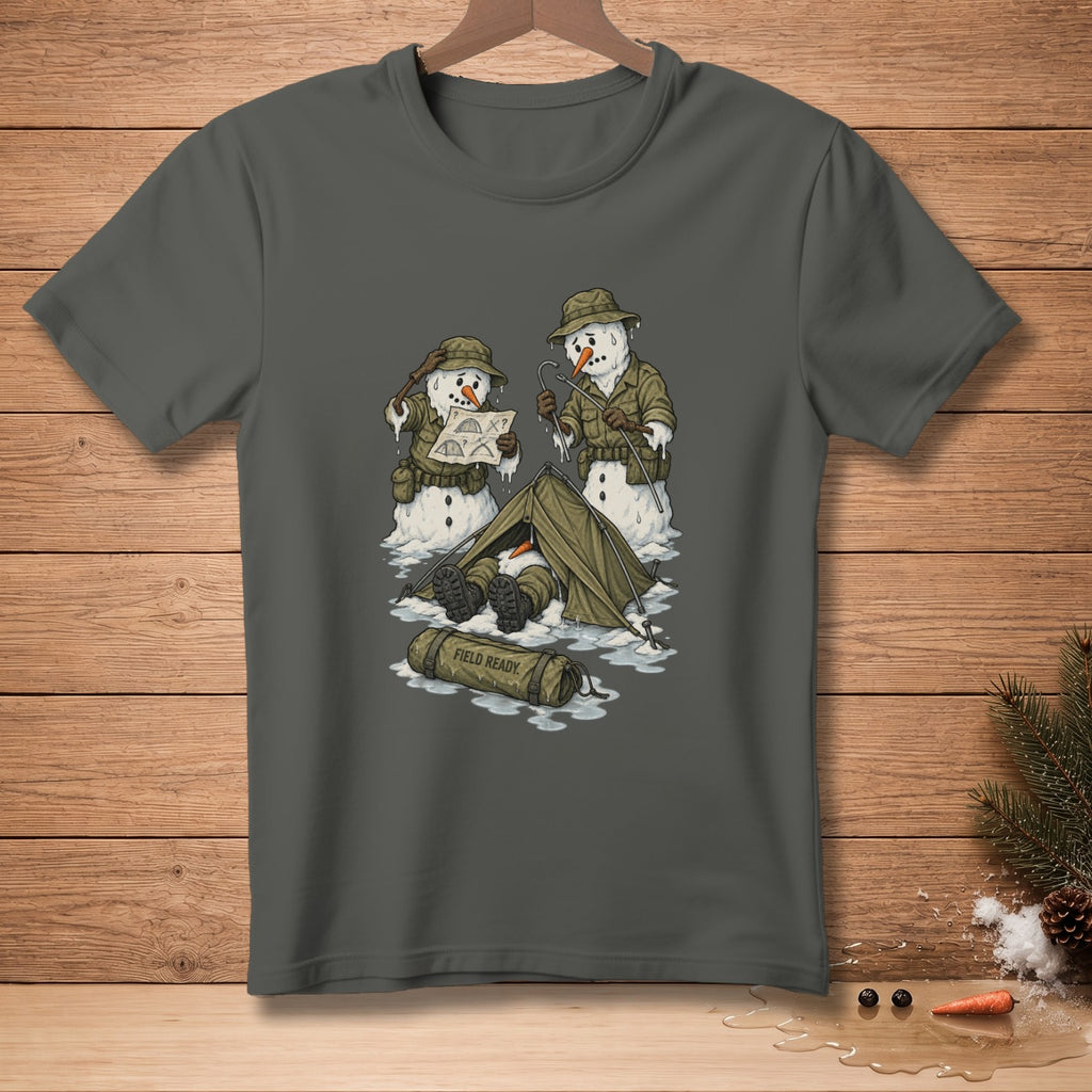 Snowmen in military gear camping with a map and a sleeping bag labeled "FIELD READY."