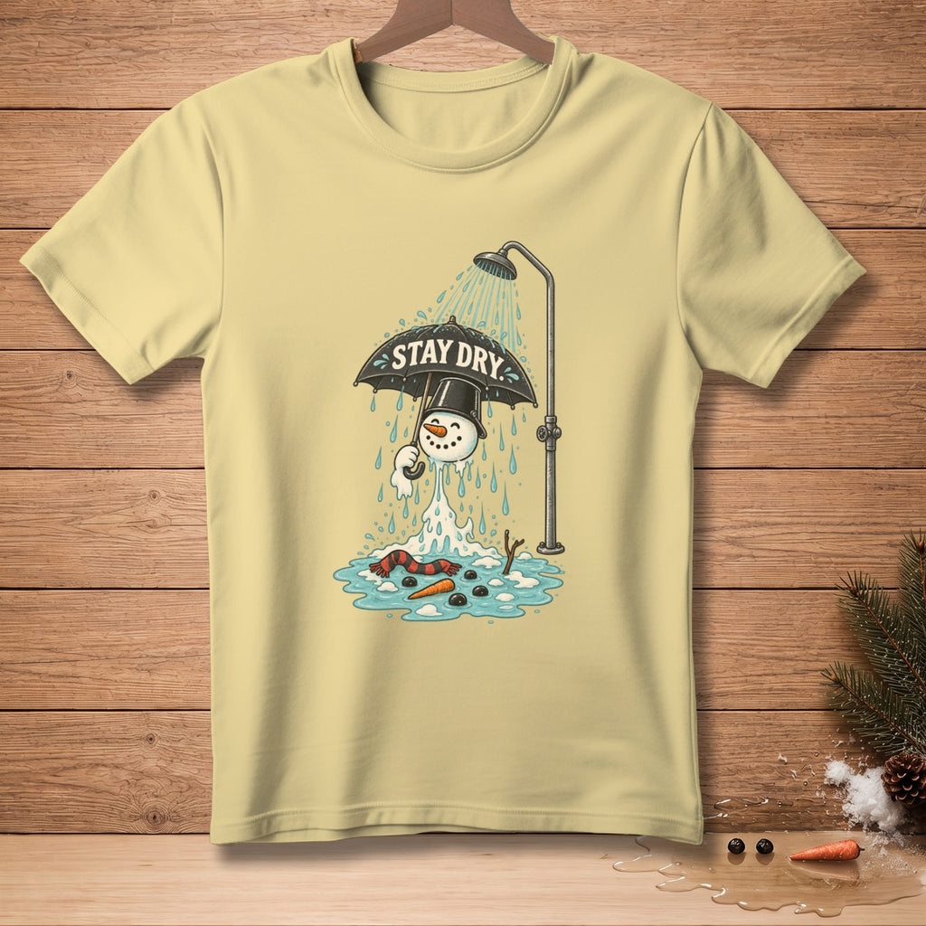 Melting snowman under shower holding umbrella with "STAY DRY" text.