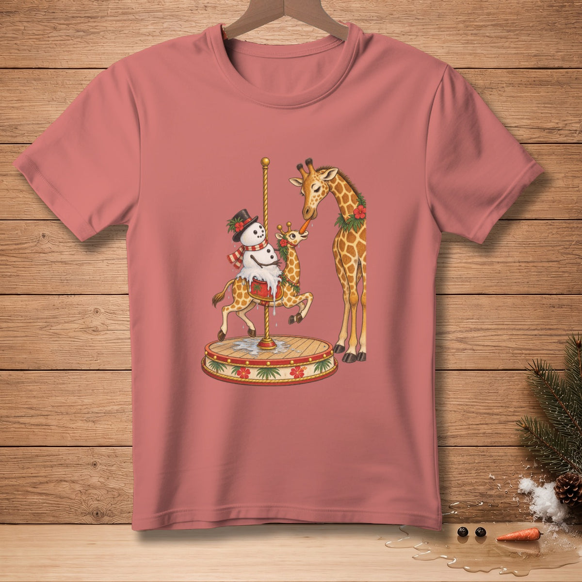 Giraffes and snowman on a carousel, with one giraffe feeding the other a carrot.