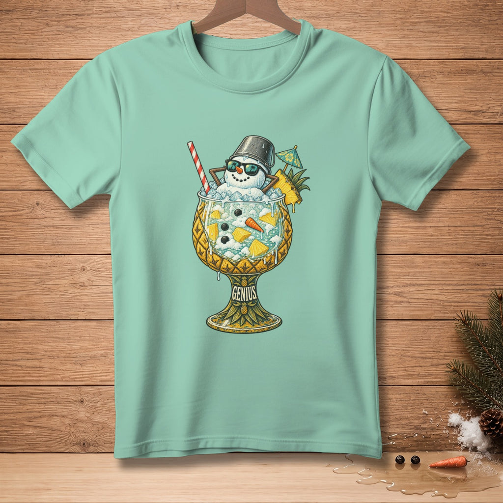 Snowman in a pineapple glass cocktail with straw and umbrella, text "GENIUS".