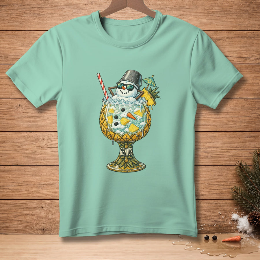 Snowman in a pineapple glass cocktail with straw and umbrella, text "GENIUS".