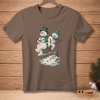 Brown t-shirt with illustration of two snowmen, one melting on the ground.