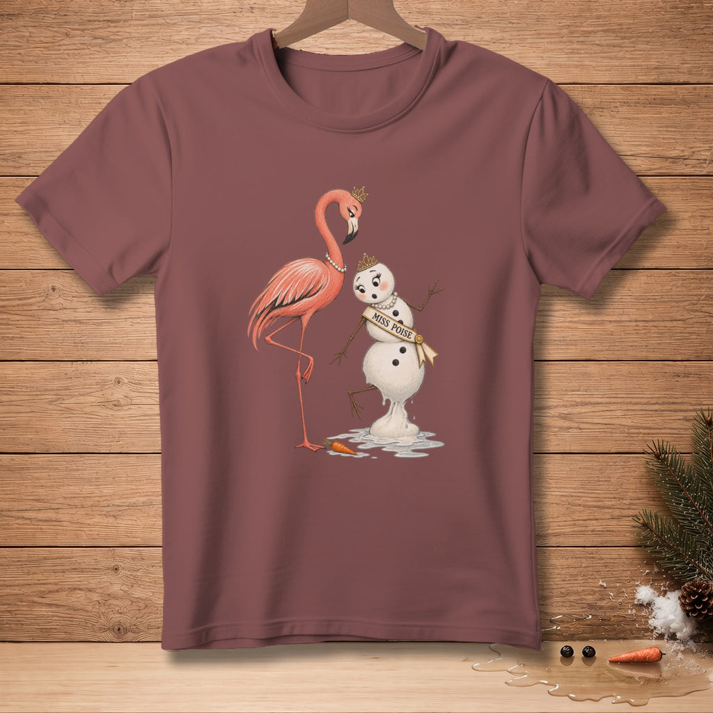 Pink flamingo and melting snowman wearing crowns on a maroon t-shirt.