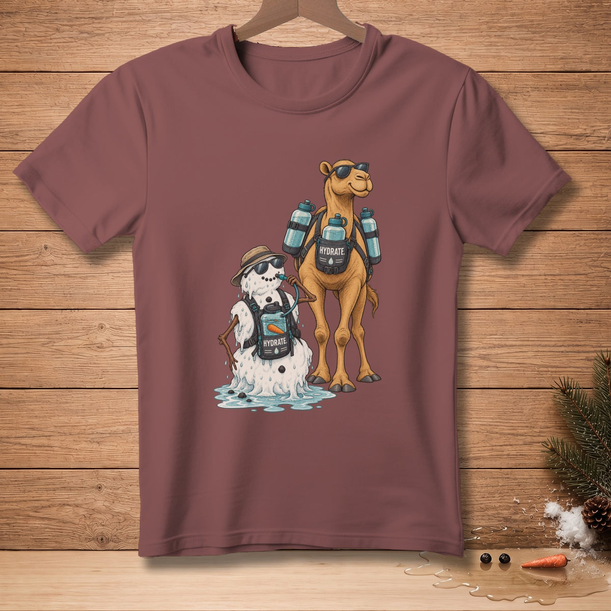 Melting snowman and camel wear hydration packs with "HYDRATE" text.