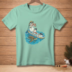 Two snowmen on a paddleboard with a turtle and text "Go With The Flow."