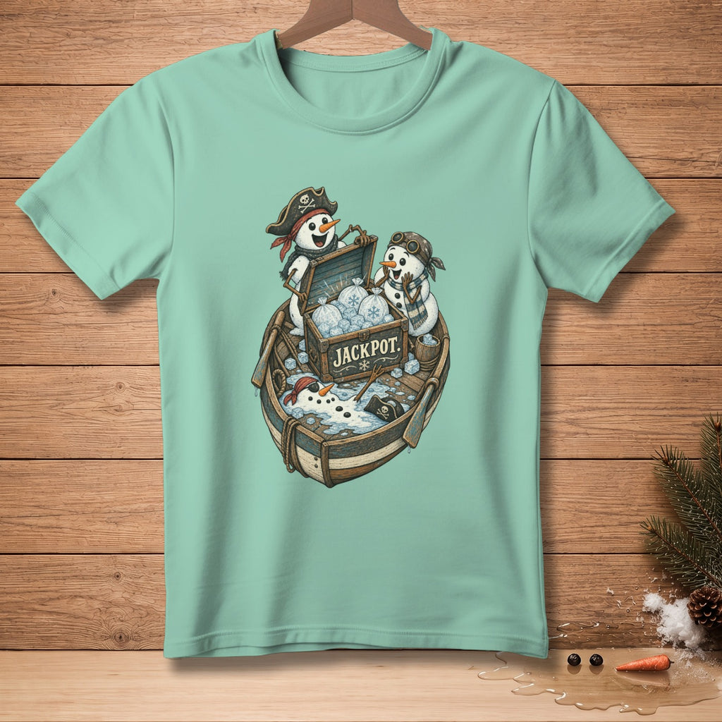 Pirate snowmen in a boat with a treasure chest labeled "JACKPOT."