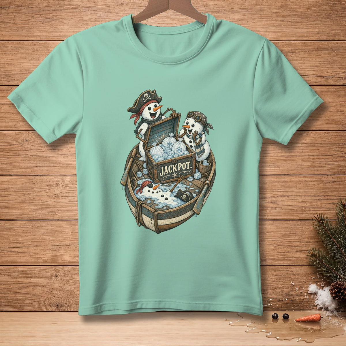Pirate snowmen in a boat with a treasure chest labeled "JACKPOT."