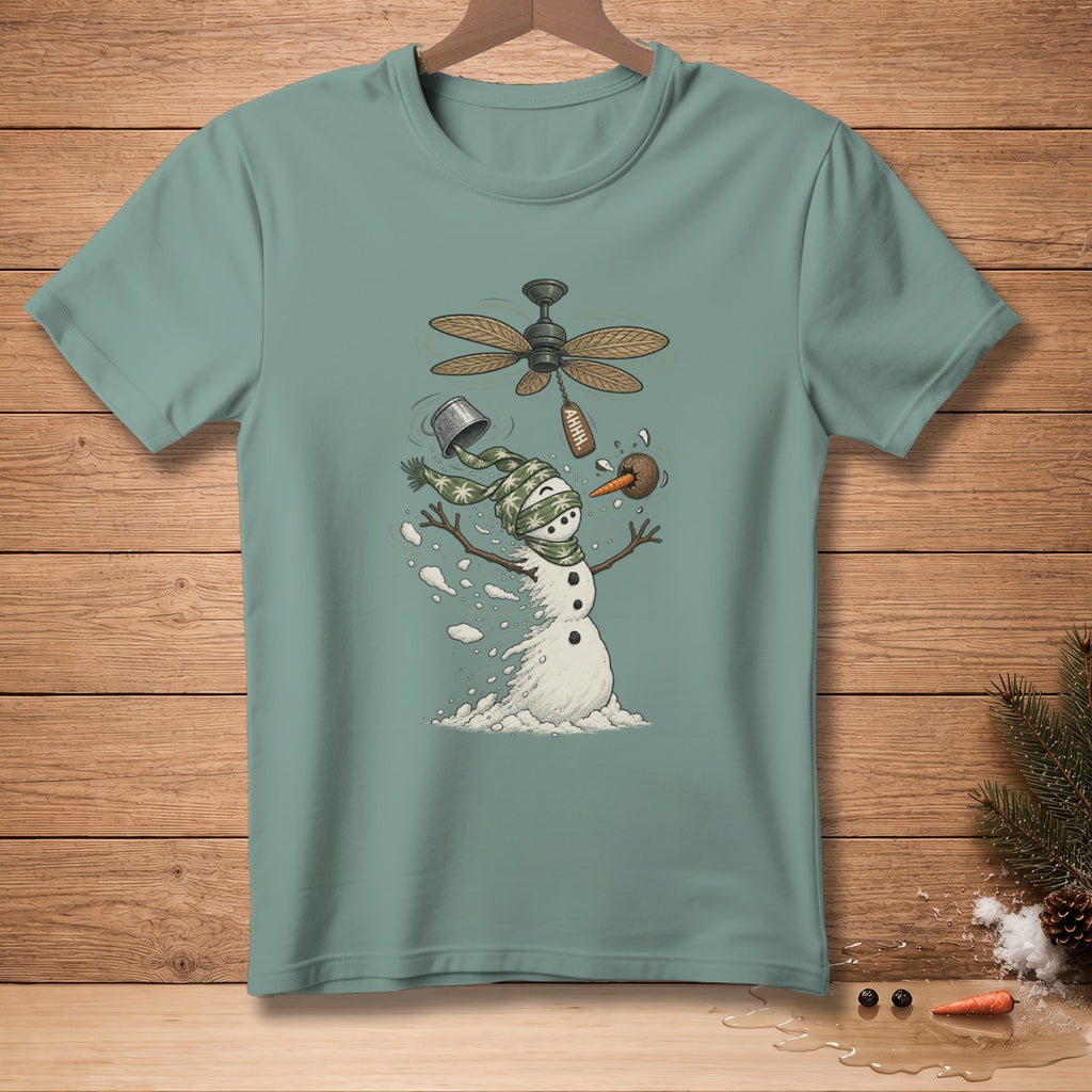 Snowman with melting body under a ceiling fan with an "AHHH" tag.