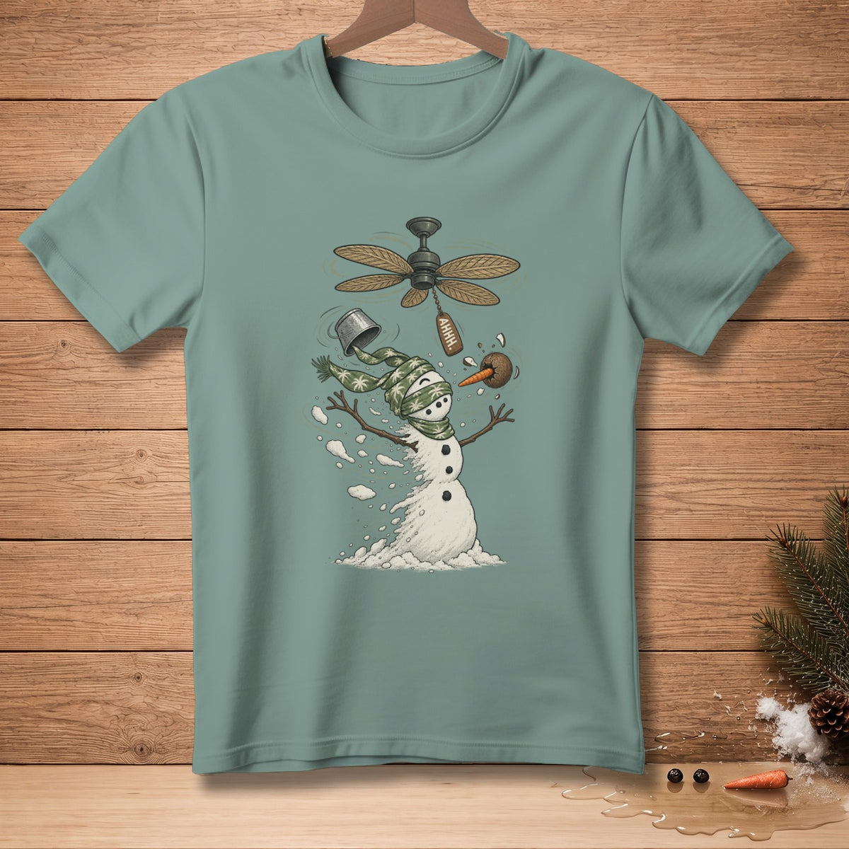 Snowman with melting body under a ceiling fan with an "AHHH" tag.