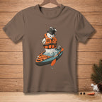 Snowman in a kayak wearing a life jacket with "Safety First." text.