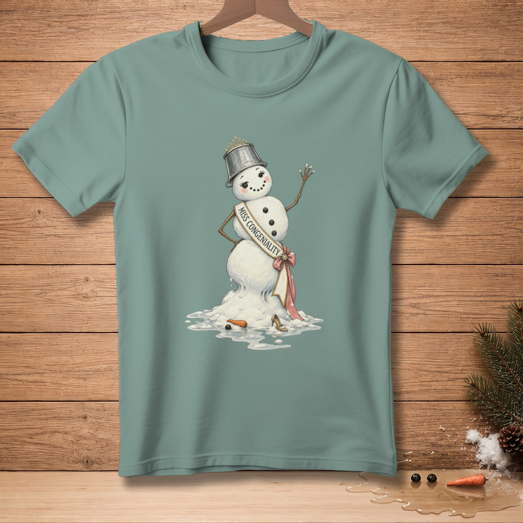 Melting snowman wearing a crown and sash reading "Miss Congeniality".