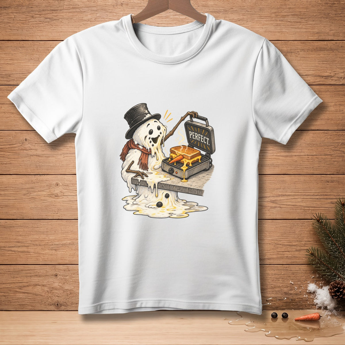 Melting snowman in a hat and scarf makes a grilled cheese sandwich.