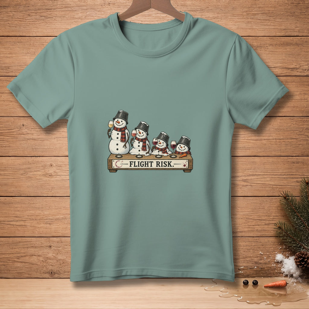 Snowmen with hats and scarves drink wine on a wooden plank labeled "Flight Risk".