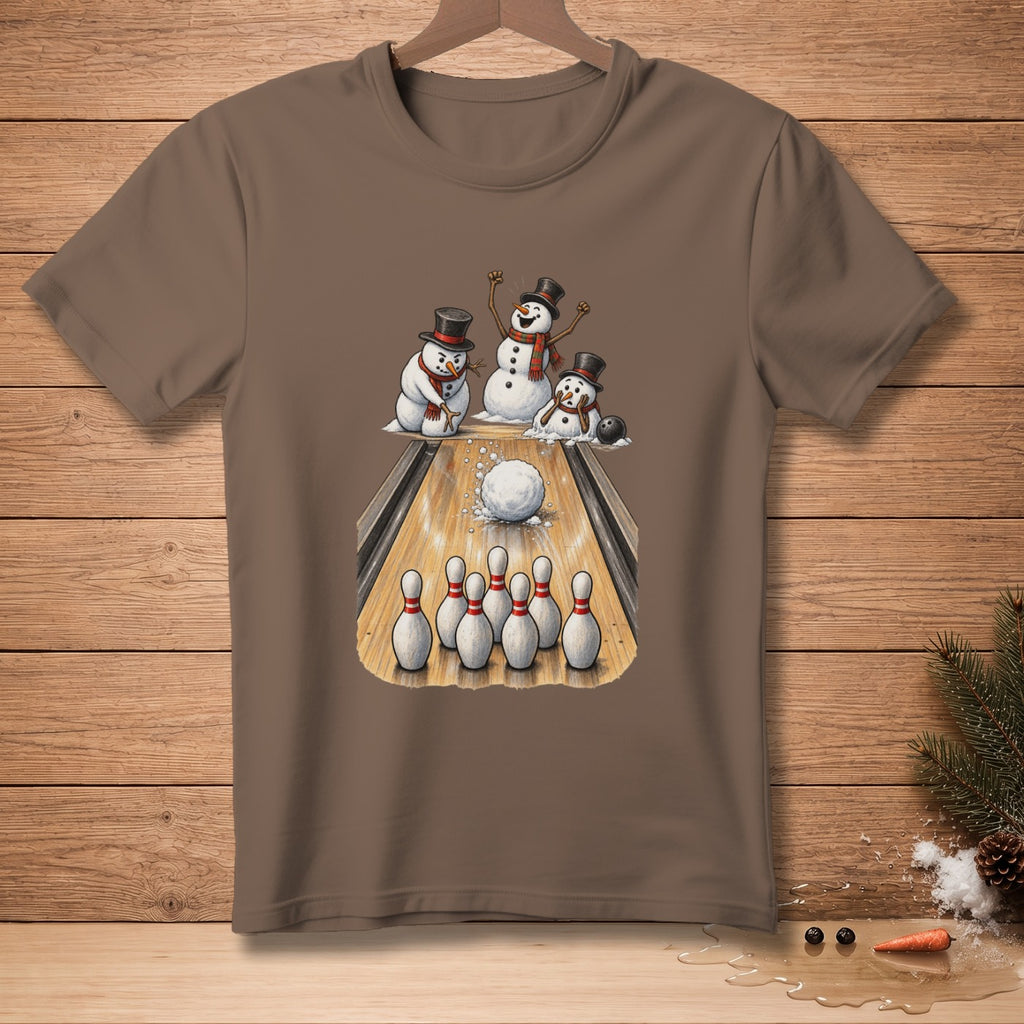 Snowmen in hats bowling on a lane with pins and a bowling ball.