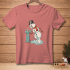 Snowman melting at a "Refreshing" water fountain on a coral t-shirt.
