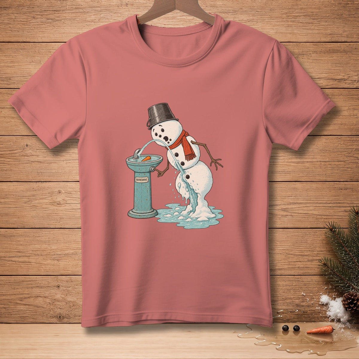Snowman melting at a "Refreshing" water fountain on a coral t-shirt.