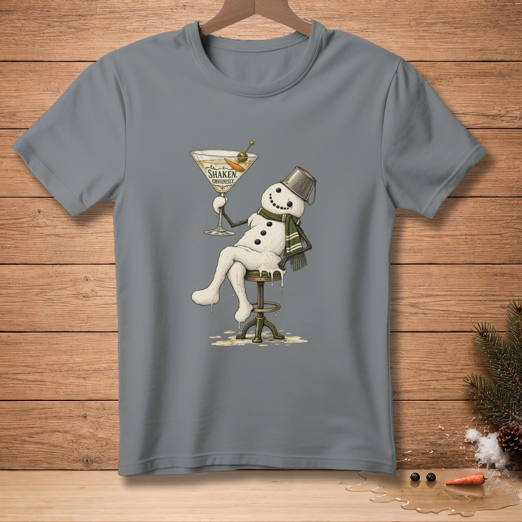 Snowman wearing a bucket hat, scarf, and holding a martini with "Shaken Obviously" text.