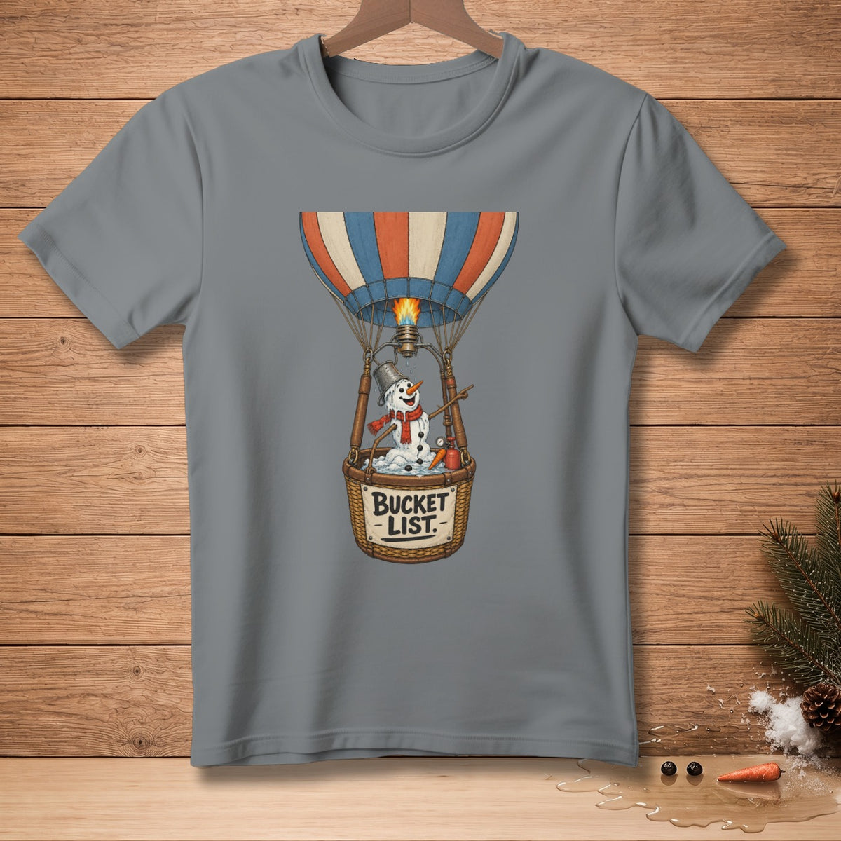 Snowman in hot air balloon with "Bucket List" text on basket.