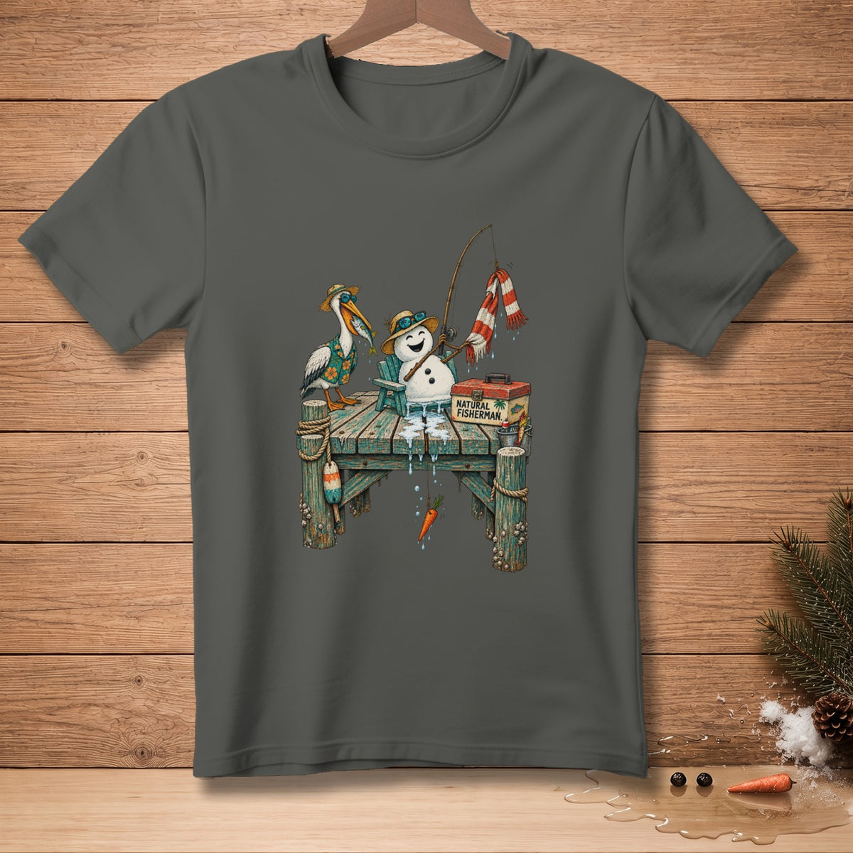 Snowman and pelican fishing on a dock, with text "NATURAL FISHERMAN".