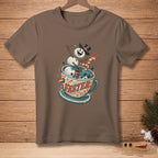 Brown t-shirt with a smiling snowman in a coffee cup with "FASTER" text.