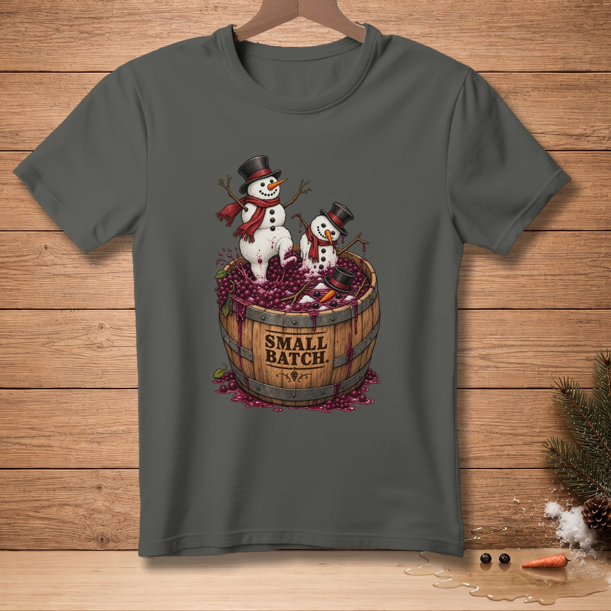 Two snowmen in a wine barrel filled with grapes, with "SMALL BATCH" text on the barrel.