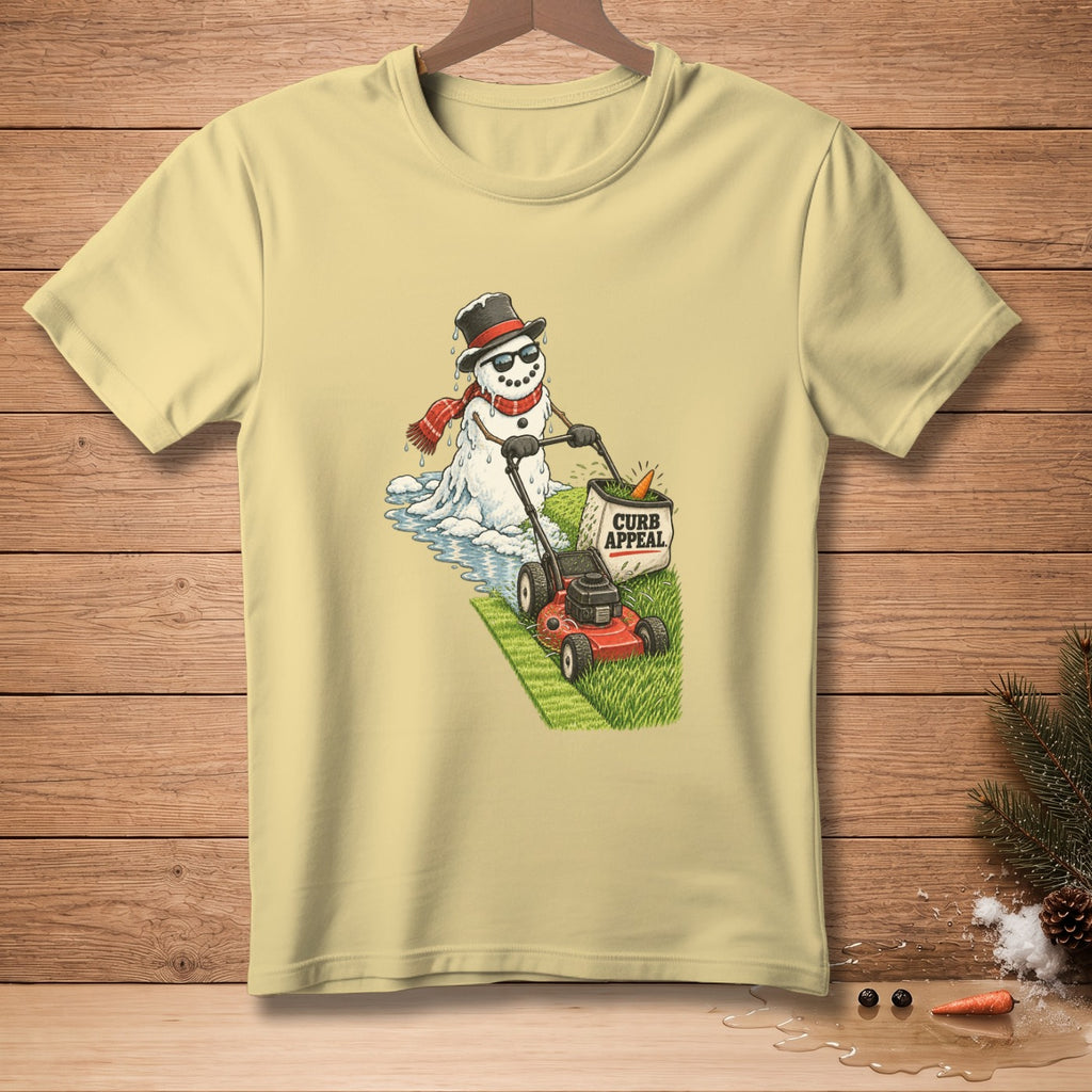 Snowman in sunglasses mowing grass with a lawnmower and a bag labeled "CURB APPEAL."