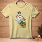 Snowman in sunglasses mowing grass with a lawnmower and a bag labeled "CURB APPEAL."