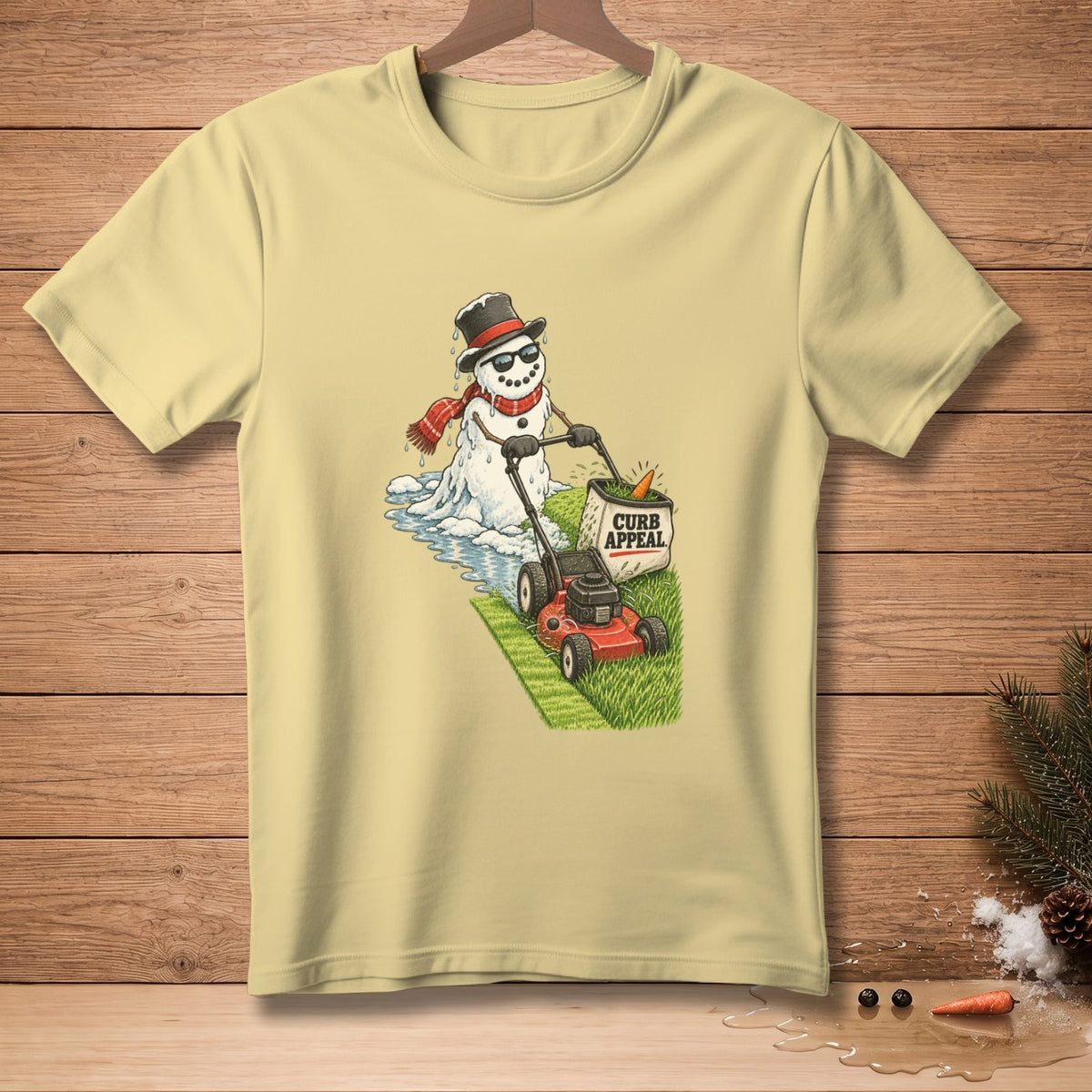 Snowman in sunglasses mowing grass with a lawnmower and a bag labeled "CURB APPEAL."