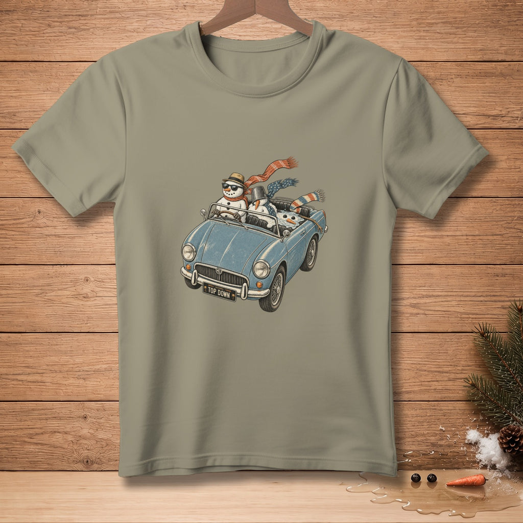 Three snowmen in a blue convertible with a "TOP DOWN" license plate.