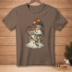 Melting snowman with parrot on bucket hat holds olive martini, "ONE MORE OLIVE" text.