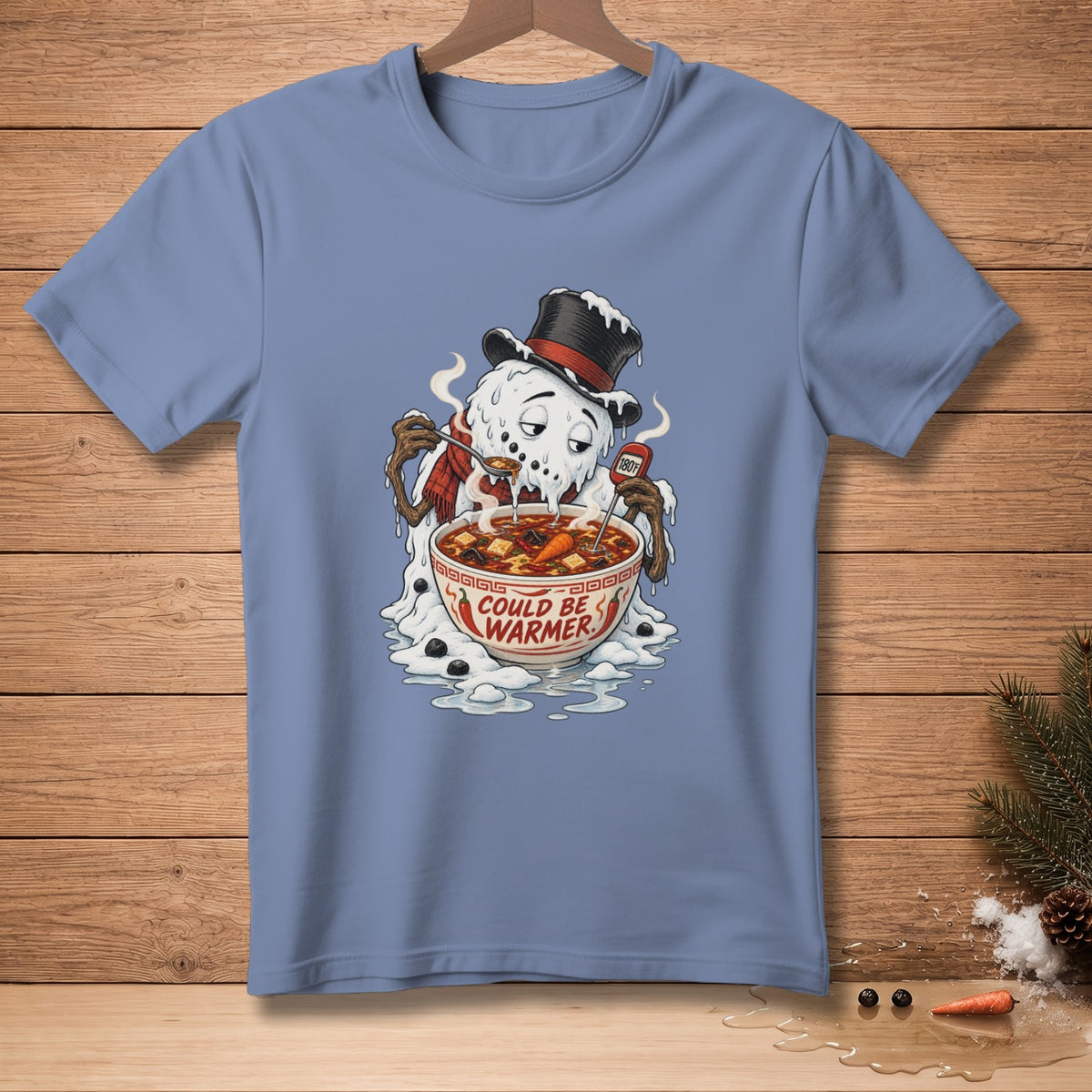 Melting snowman in top hat eats soup from a bowl that says "Could be Warmer."
