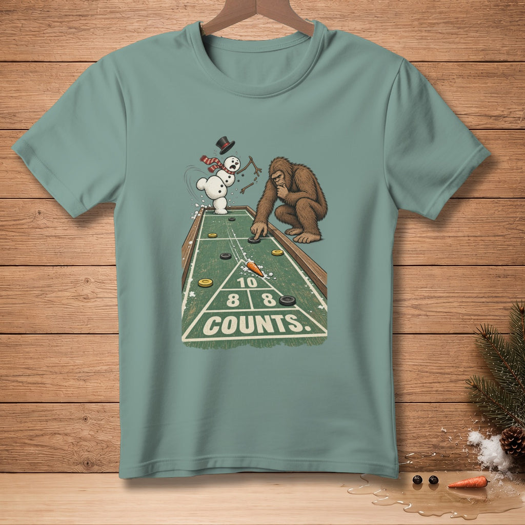 Sasquatch playing shuffleboard against a snowman with text "10 8 8 COUNTS."