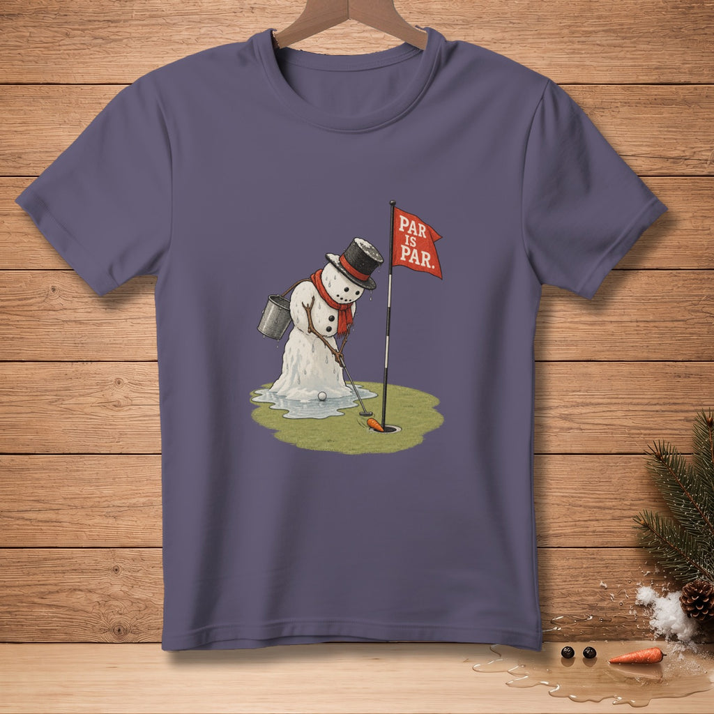 Melting snowman golfer with red flag reading "Par is Par."
