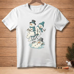 T-shirt with a melting snowman and two snowmen sitting on chairs.