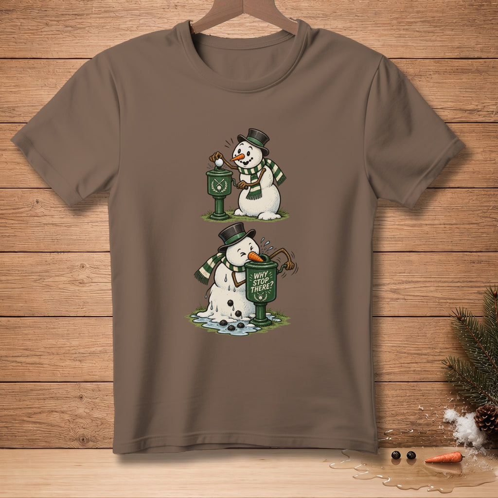 Brown t-shirt with two cartoon snowmen playing golf, one melting.