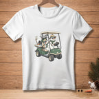 Snowmen in a golf cart with a sign that reads "Hole 2".