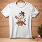 White t-shirt with a melting snowman wearing a hat and apron eating soup.