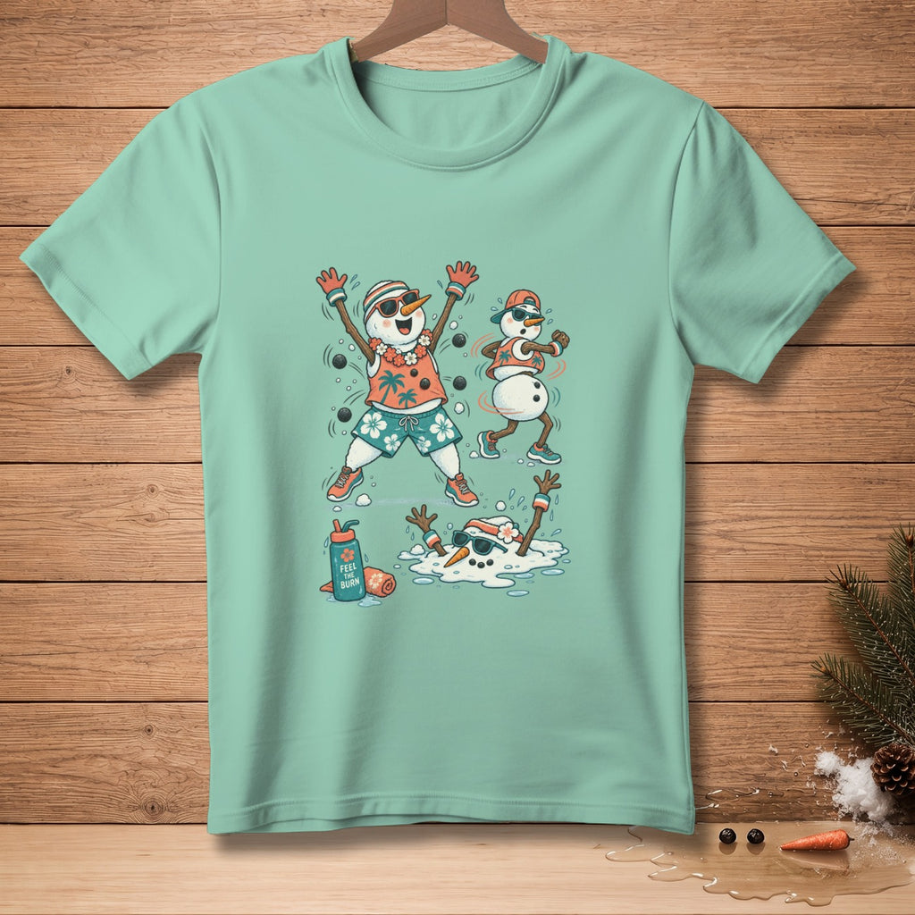 Mint t-shirt with melting and active snowmen in summer attire.