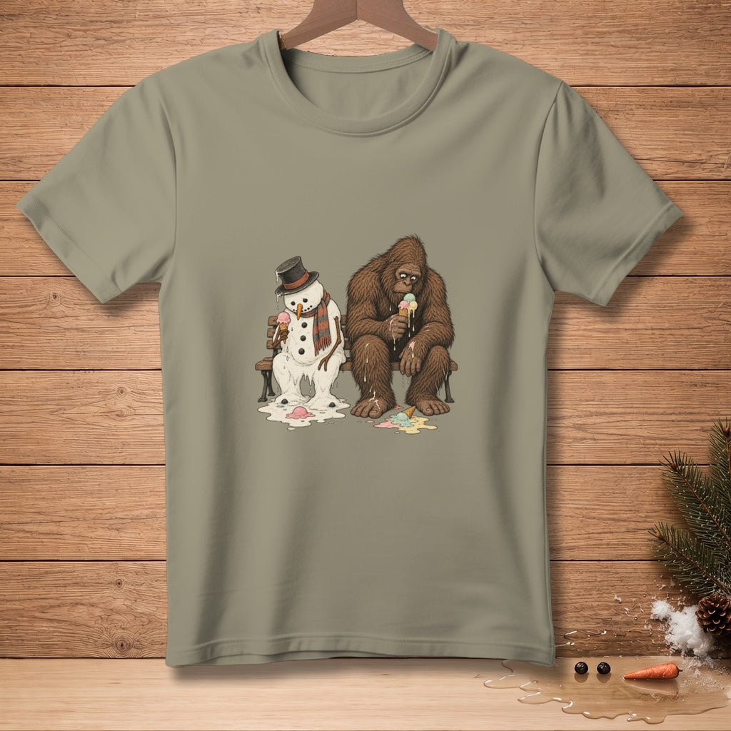 Snowman and Bigfoot sit on a bench eating melting ice cream cones.