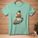 Snowman in a kayak wearing a life vest with "Safety First" text.