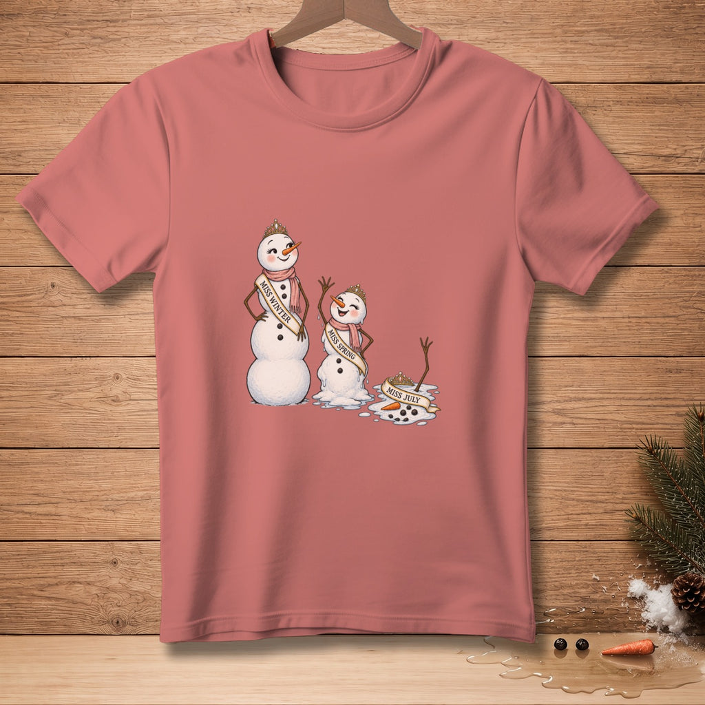 Three snowmen in a row, "Miss Winter," "Miss Spring," and "Miss July" on sashes.