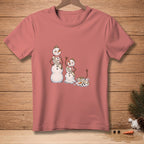 Three snowmen in a row, "Miss Winter," "Miss Spring," and "Miss July" on sashes.