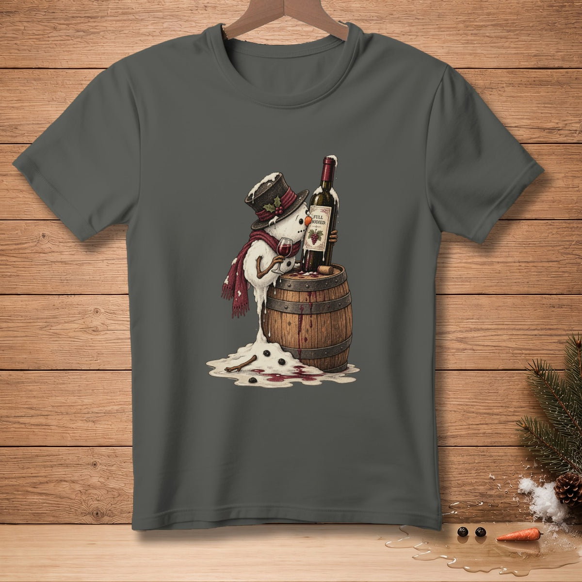 Melting snowman with a top hat drinks wine from a barrel.