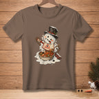 Melting snowman in a top hat eating soup from a bowl with a spoon.
